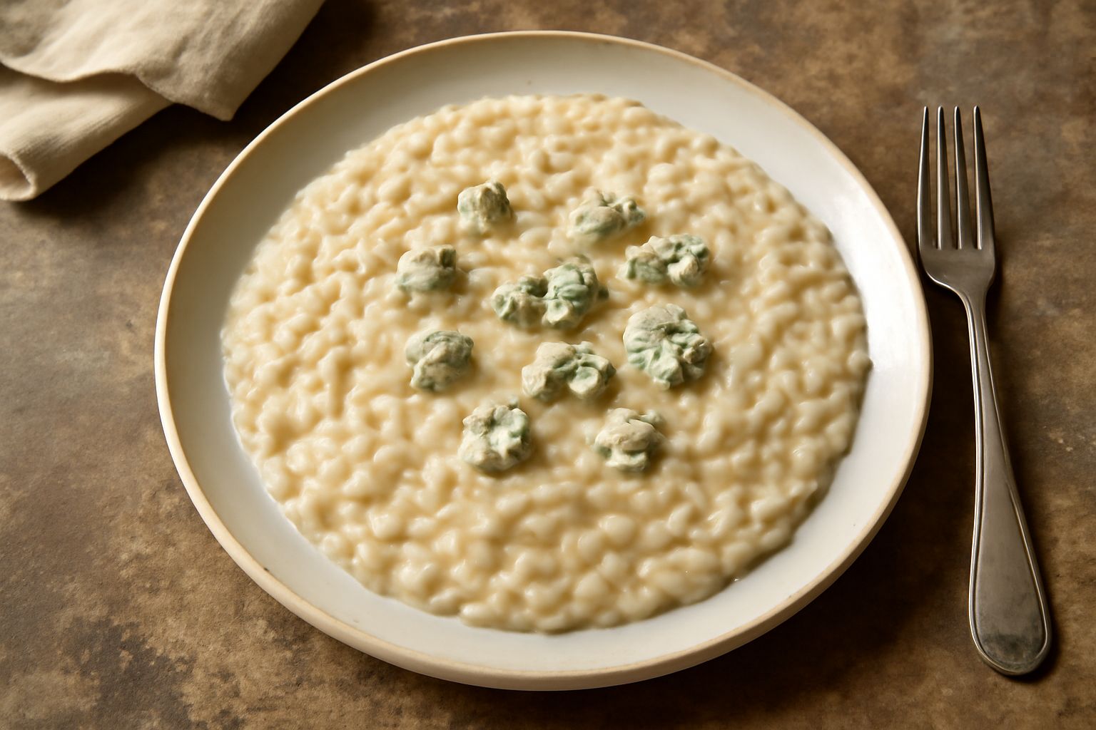 Piatto di risotto cremoso bianco e blu marmorizzato con cucchiaio di legno, fondo di lino grigio neutro