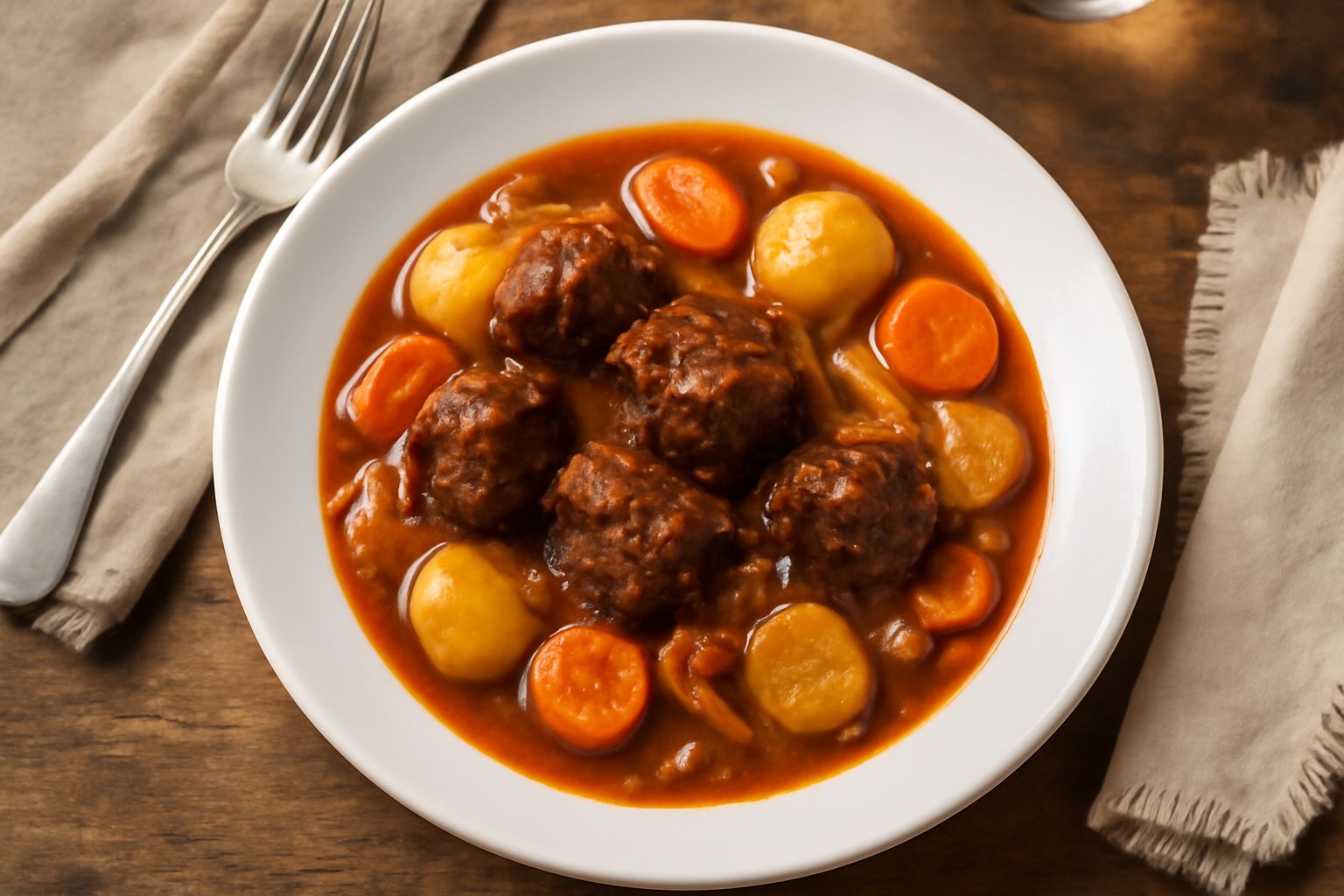 Goulash goriziano in pentola di rame: manzo rosso scuro in salsa marrone ramata, cipolla dorata, patate e carote gialle, erbe fresche di prezzemolo sopra, vapore caldo, impiattato in ciotola di cerami