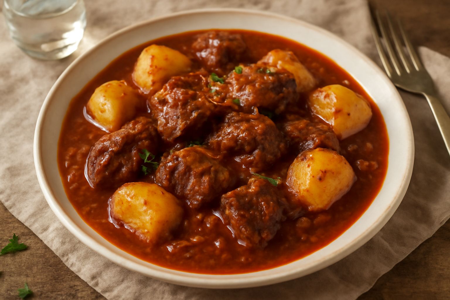 Goulash in pentola di terracotta rossa: pezzi di carne scura in sugo marrone rossiccio, cubo di patata gialla, cipolla caramellata, vapore che sale, contorno di erba cipollina fresca verde