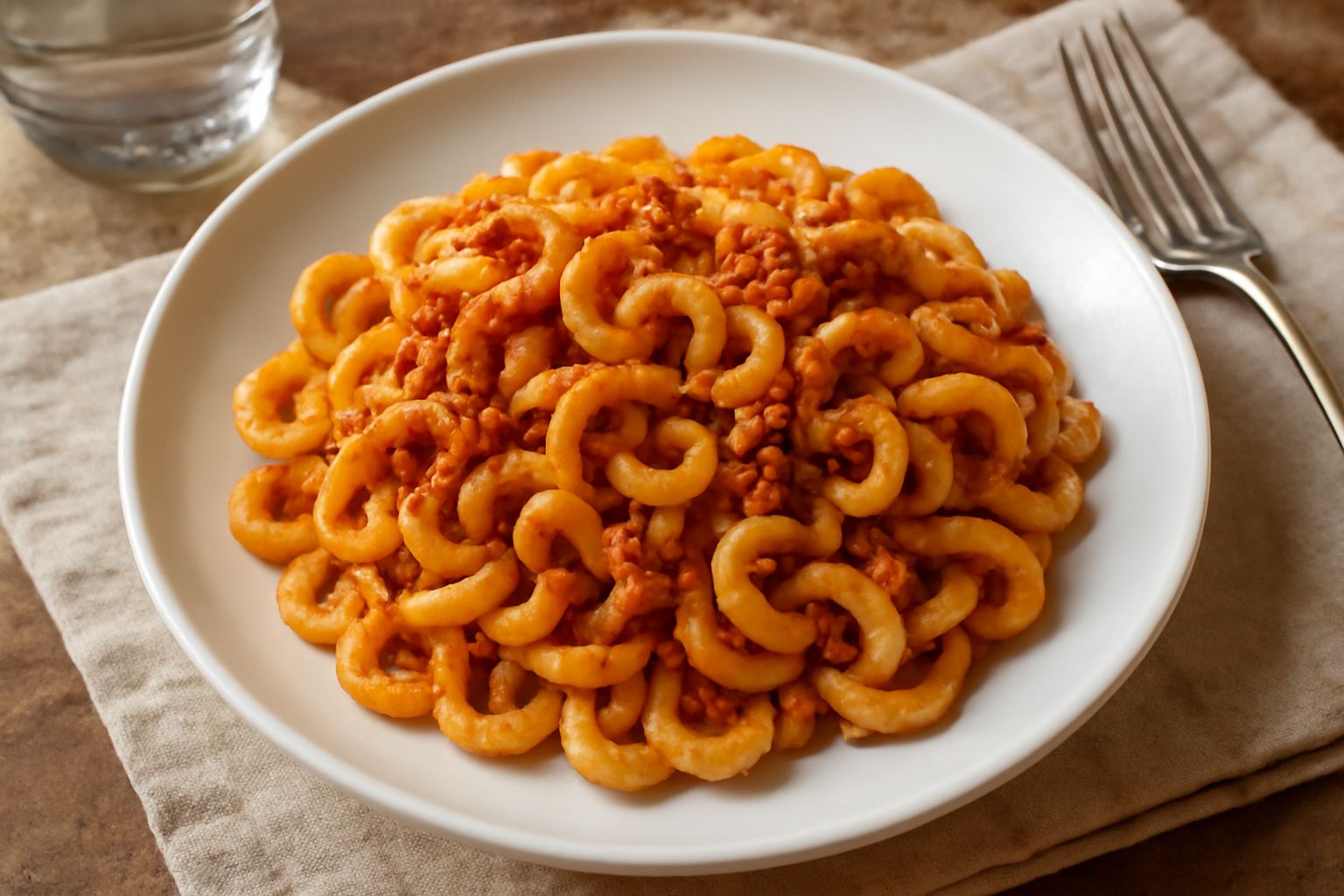 Piatto di gramigna fresca con ragù di carne leggero, grattugiata di parmigiano, color marrone scuro, pezzi visibili di carne tritata, servita in ciotola bianca con forchetta