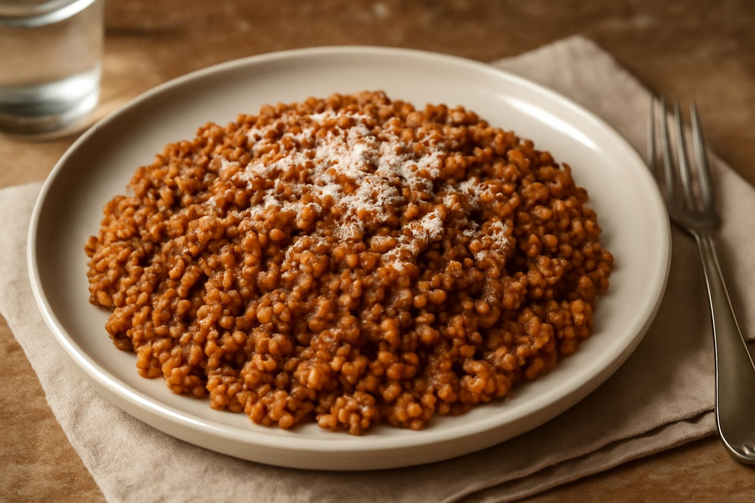 Piatto di gramigna alla bolognese con ragù marrone scuro, parmigiano reggiano grattugiato in superficie, servito in un piatto bianco fondo con cucchiaio di legno