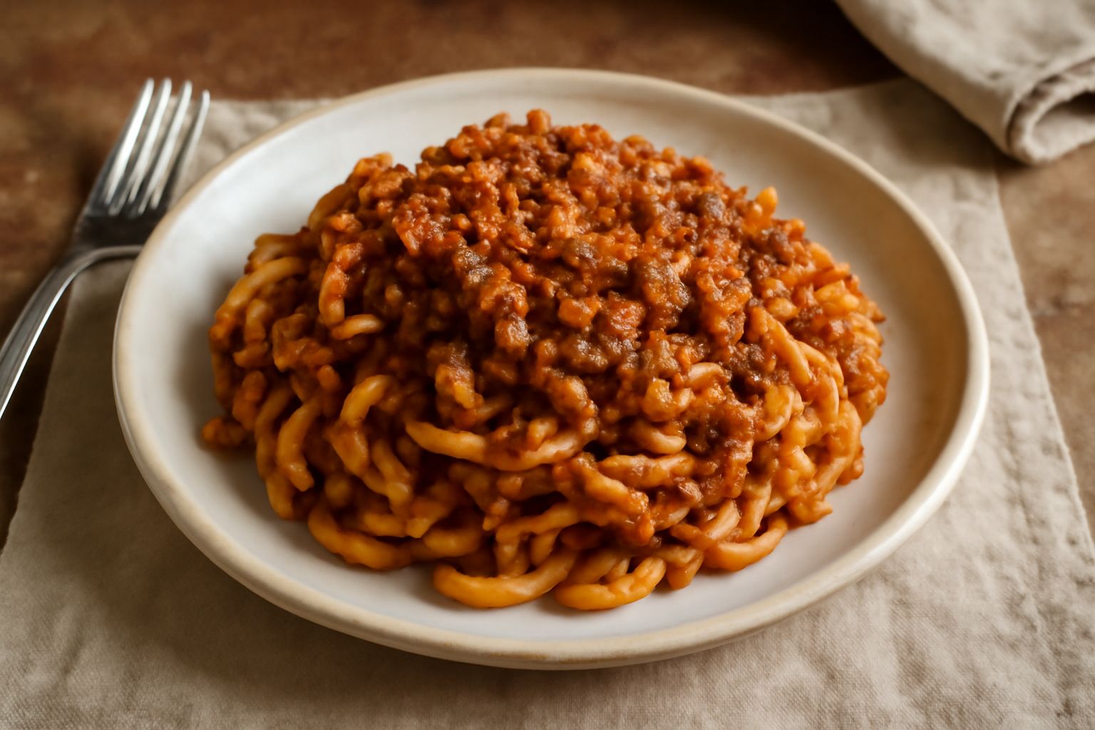 Piatto bianco con gramigna al ragù, pasta color ambra rivestita da un ragù marrone scuro, grana grattugiato bianco e fresco pepe nero spolverato in superficie