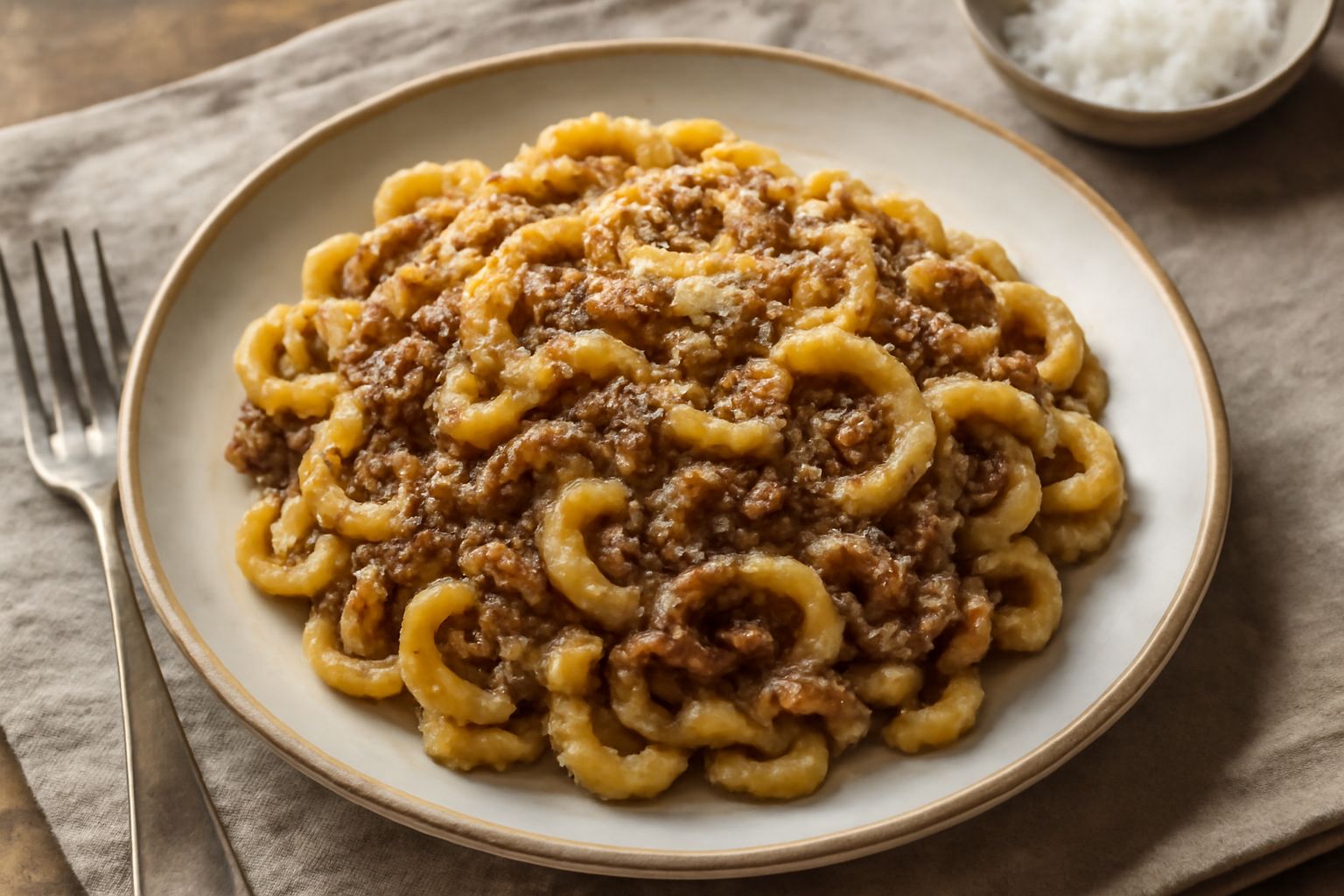 Piatto di gramigna con salsiccia: pasta tubolare ricurva ricoperta di ragù marrone scuro con piccoli pezzi di carne, salsa cremosa bianca, grattugia di Parmigiano-Reggiano giallo, erba cipollina fresc