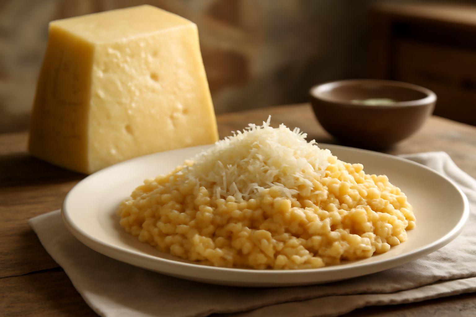 Una forma di Grana Padano tagliata a spicchi, con crosta giallo dorata, su un tagliere di legno accanto a una grattugia e fette di pane tostato