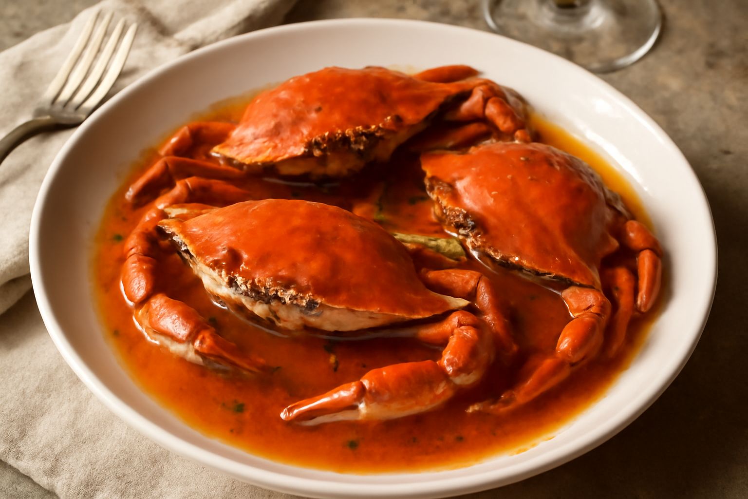 Granchi interi rossi e arancioni disposti in un piatto bianco fondo, ricoperti di salsa rosata con pomodoro, basilico fresco verde e fette di limone gialle attorno, serviti freddi con cubetti di ghiac