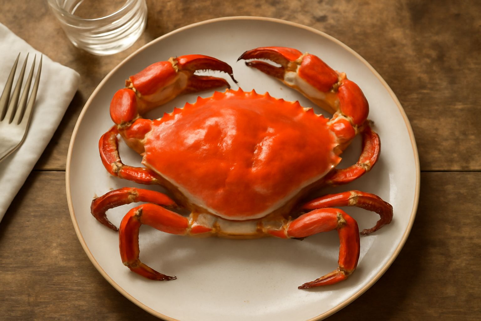 Granchio cotto di colore rosso-arancio intero, disteso su un piatto bianco con fette di limone fresco e sale grosso sparso attorno