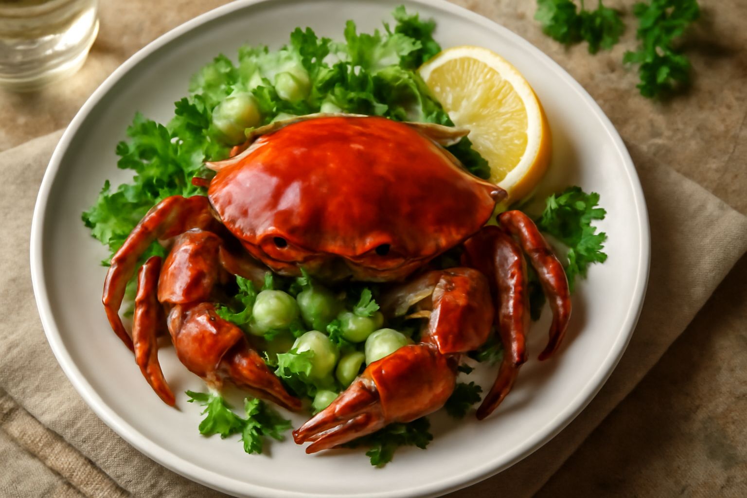 Granchio di fiume cotto rosso intenso, presentato in un piatto bianco con contorno di prezzemolo fresco, sedano e lime, zampe aperte e carapace lucido.