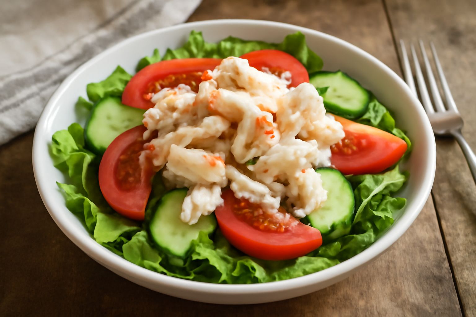 Insalata di granchio servita in una ciotola bianca con lattuga verde, pomodori rossi, cetrioli affettati e carne di granchio bianca e delicata in cima, condita con limone e olio.