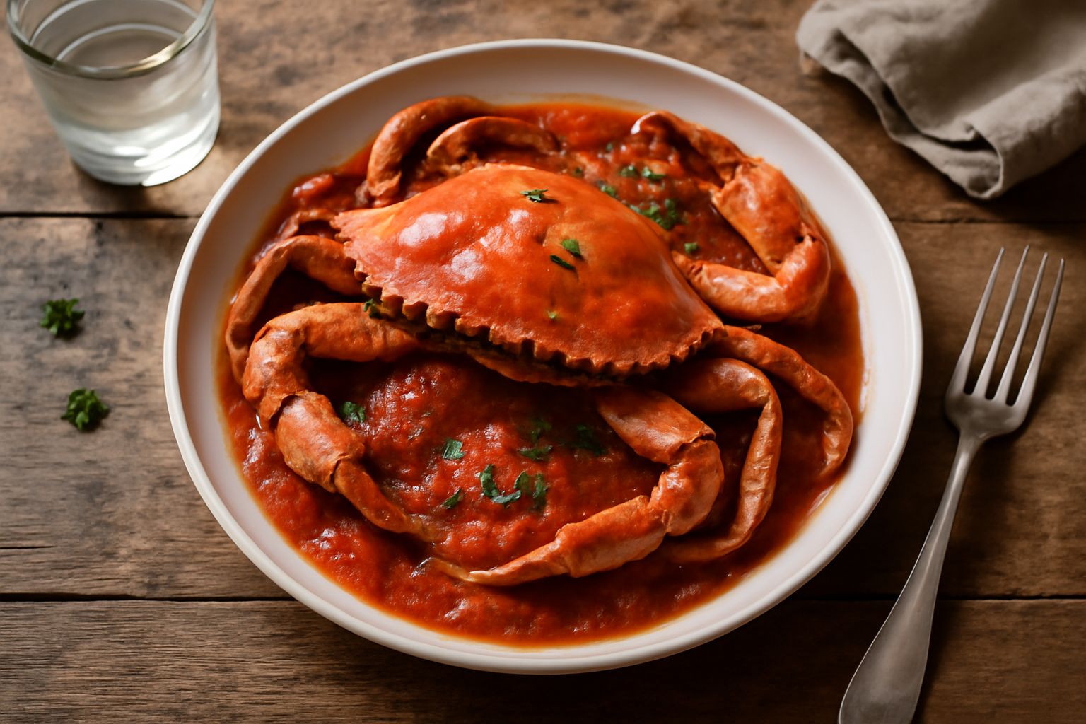 Granchio rosso intero in un tegame di terracotta con salsa di pomodoro, prezzemolo fresco e aglio, vapore leggero che sale dal bordo