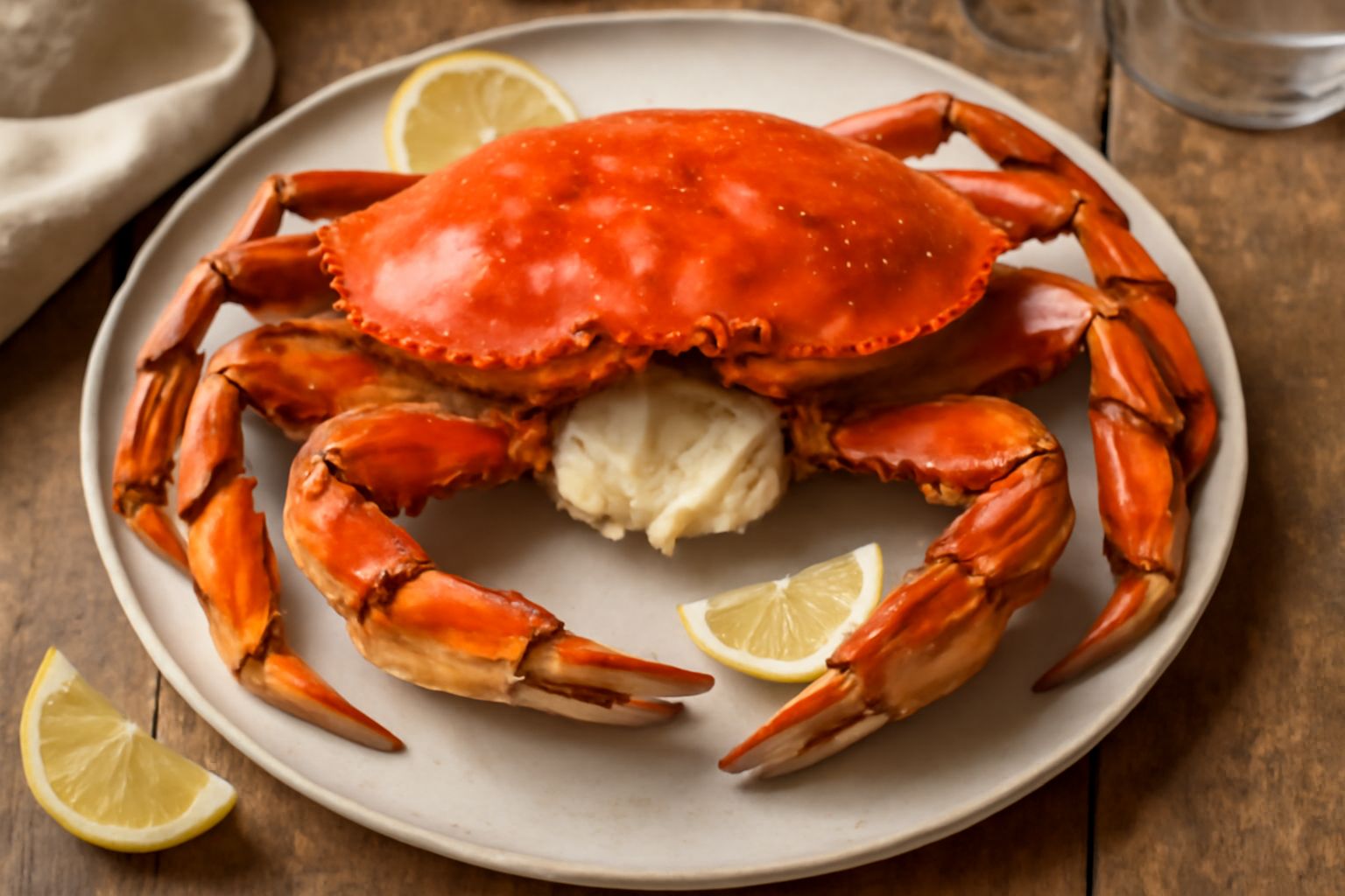 Granchio reale cotto di colore rosso aranciato, intero e vaporoso, adagiato in un piatto bianco con spicchi di limone fresco e rami di prezzemolo verde, sfondo grigio-blu scuro