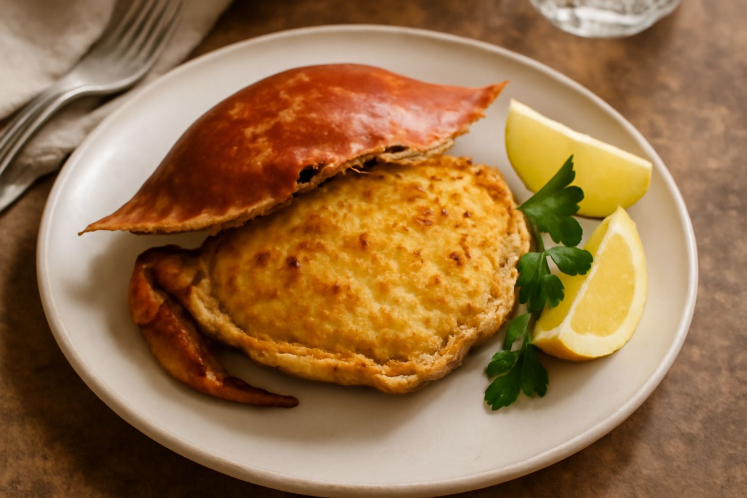 Granchio intero ripieno con polpa visibile e copertura dorata al forno, servito nel piatto bianco con limone a spicchi e prezzemolo fresco