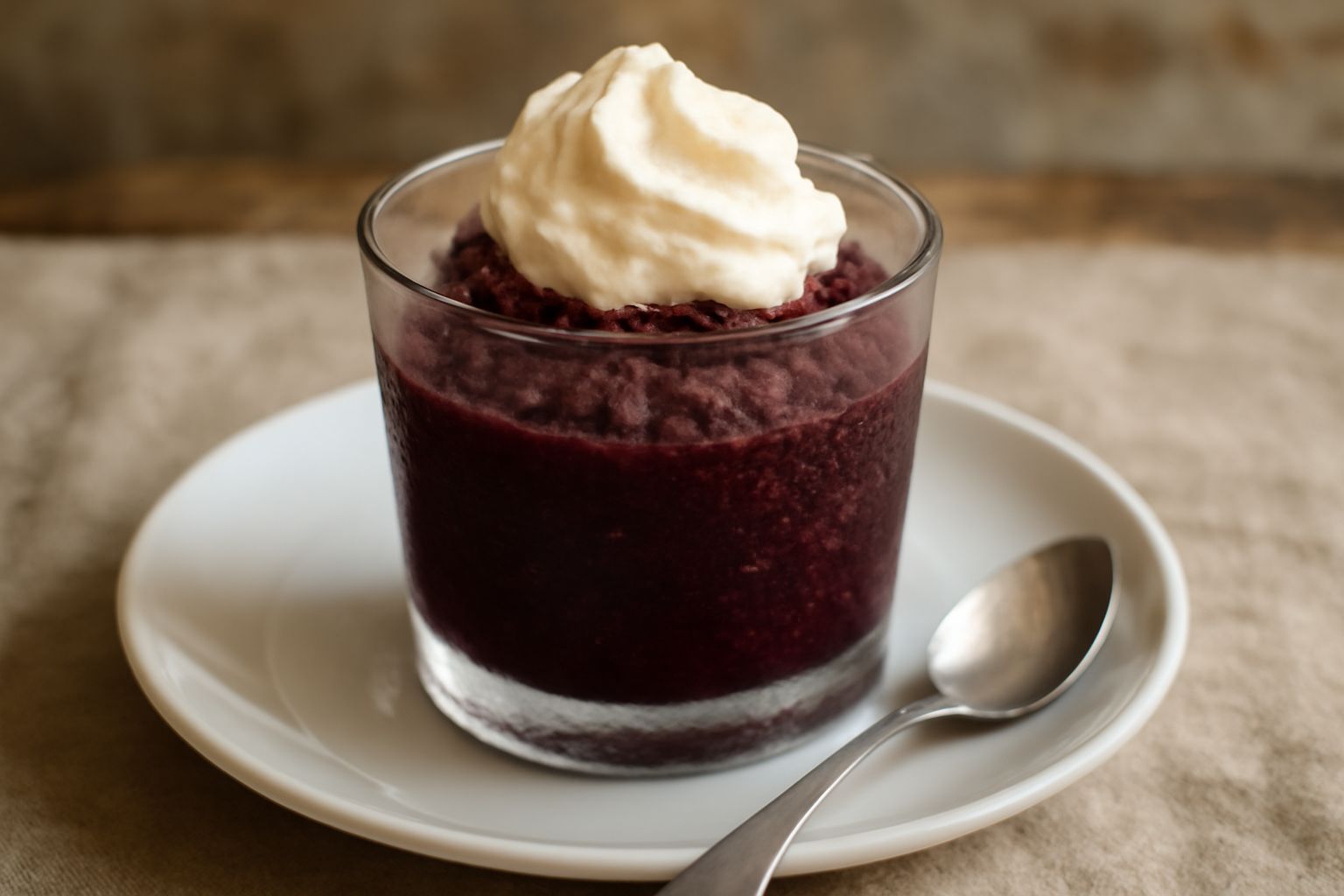Granita ai frutti di bosco color porpora in bicchiere trasparente, coperta da uno strato cremoso di ghiaccio fine, guarnita con una fragola rossa e qualche mirtillo in cima