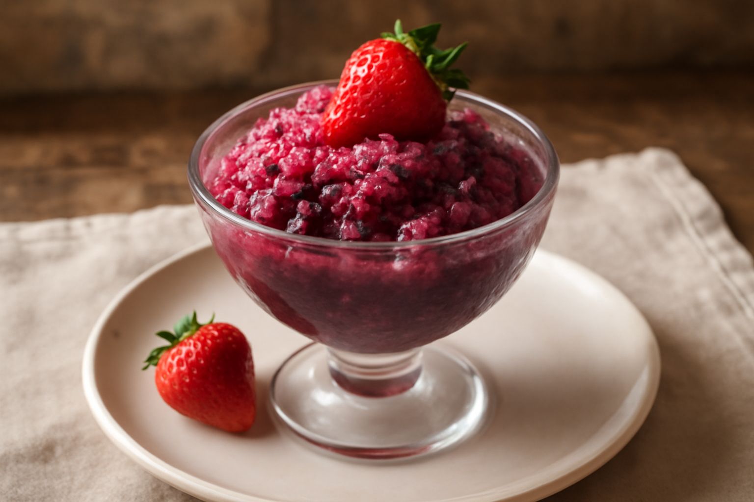 Granita dai colori rosa scuro e rossi, servita in una coppa di vetro trasparente con una cucchiaiata di granita in evidenza, guarnita con una fragola e un ramo di menta verde, sfondo bianco luminoso
