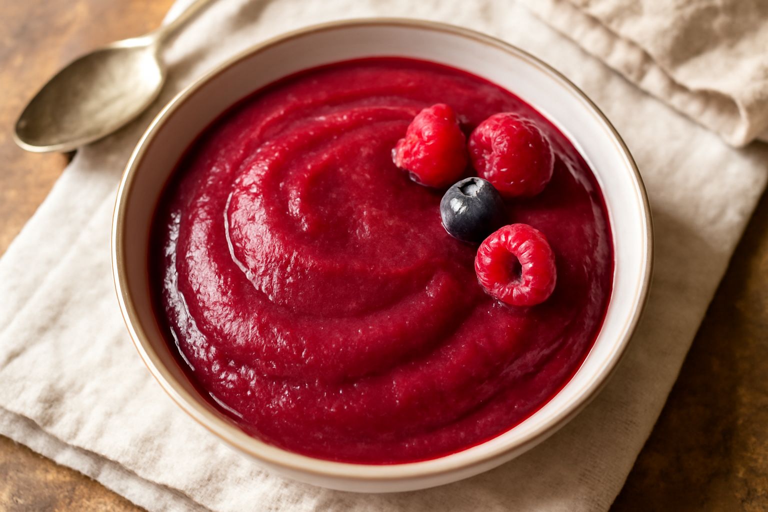 Granita ai frutti rossi cremosa servita in ciotola bianca, con superficie levigata color rosso scuro, guarnita con fragola fresca intera e piccoli frutti di ribes, cucchiaio da gelato a lato