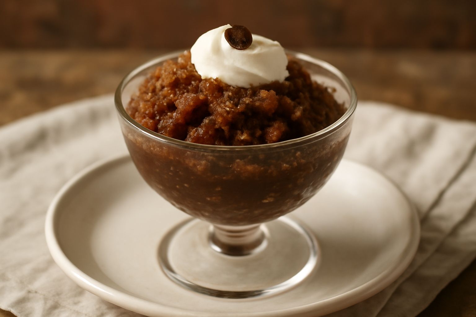 Granita al caffè color marrone scuro in coppa di vetro trasparente, con cristalli visibili, guarnita da goccia di panna montata in cima, su tavolo con chicchi di caffè sparsi