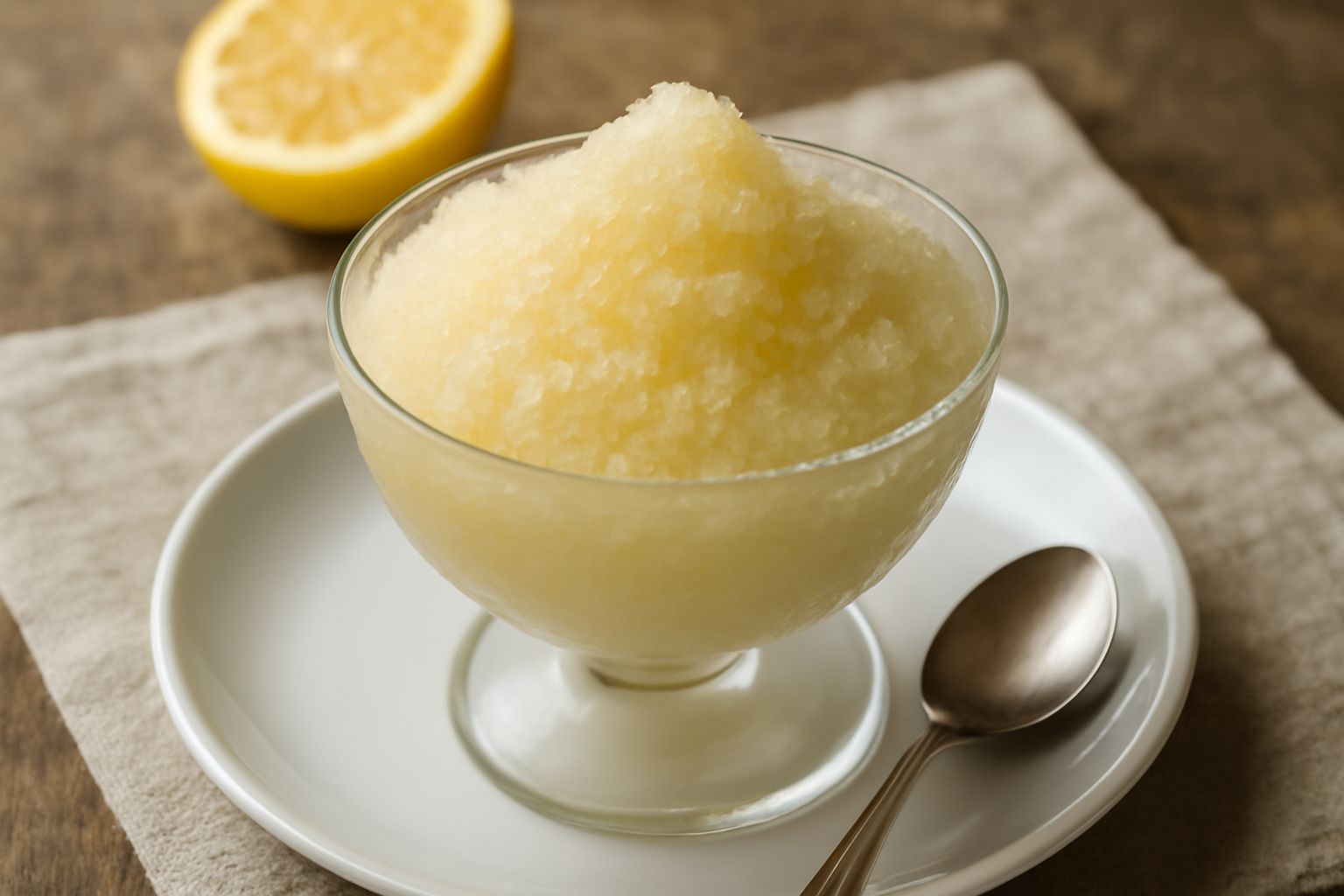 Granita al limone in coppa di vetro, cristalli bianchi e gialli ben visibili, servita con foglia di menta fresca e biscotto accanto, sfondo chiaro