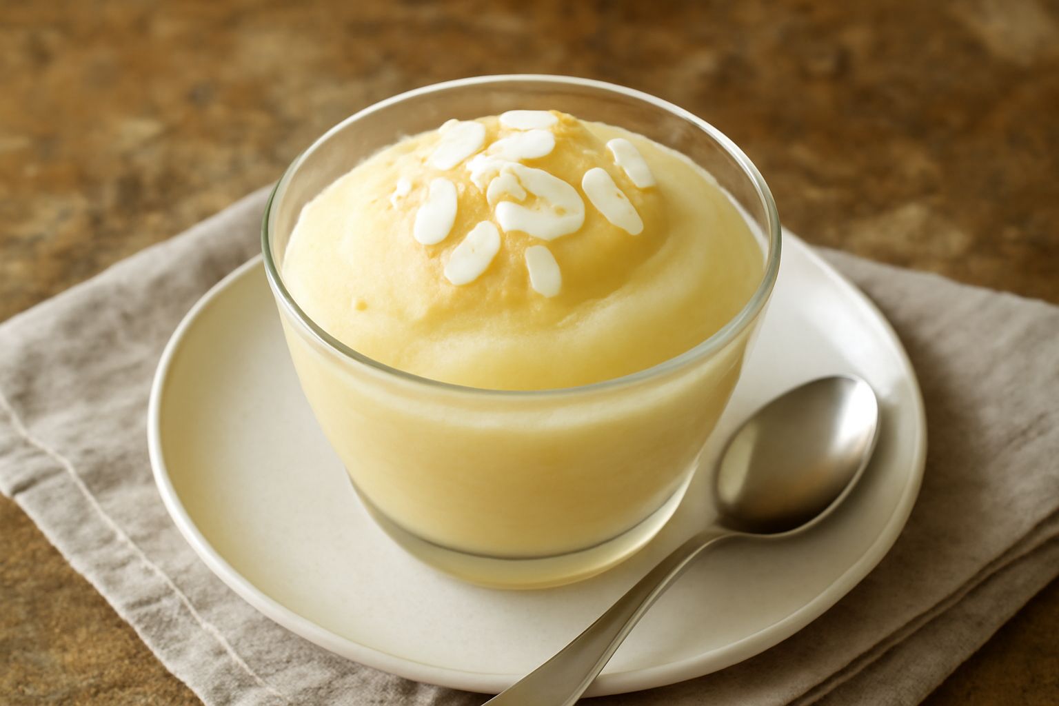 Coppetta trasparente con granita cremosa color giallo limone, texture granulosa fine e uniforme, guarnita con mandorle sfiettate bianche sulla superficie, servita su tavolo bianco con due cucchiai in 