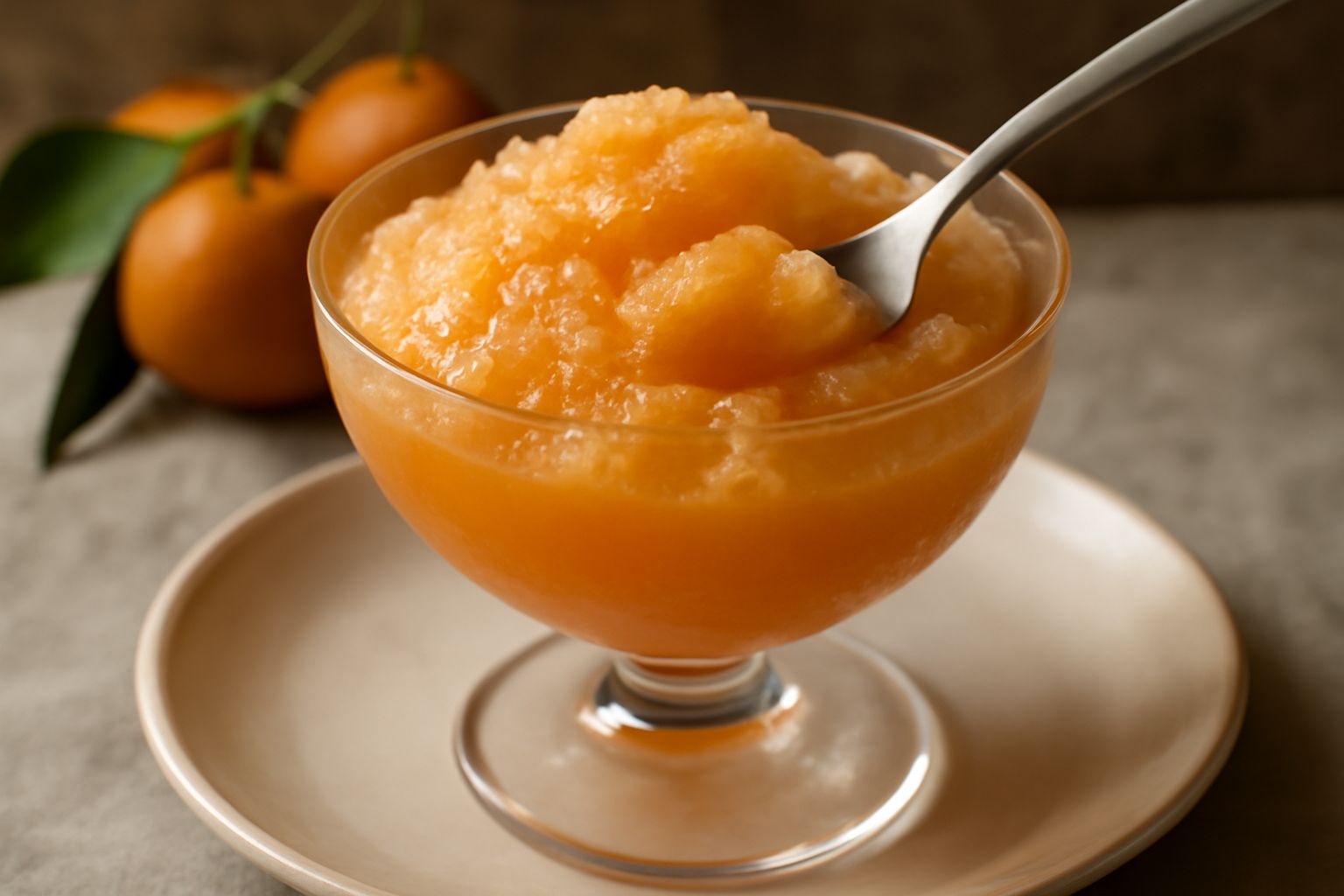 Una coppa di granita al mandarino di colore arancio brillante, cremosa e granulosa, servita con cucchiaio in una tazza bianca, su un tavolo di legno con mandarini freschi accanto