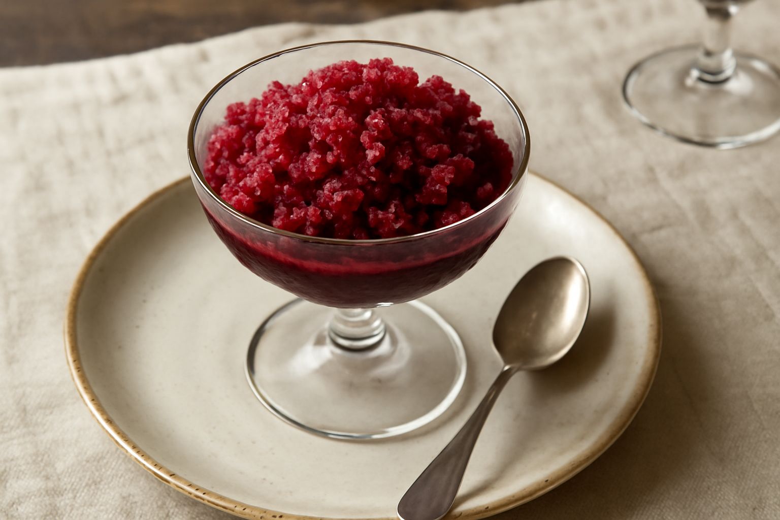 Granita al vin brulé servita in coppa di vetro trasparente, color rosso rubino scuro con cristalli di ghiaccio visibili, decorata con una stella di anice e una stecca di cannella sulla spalla della co