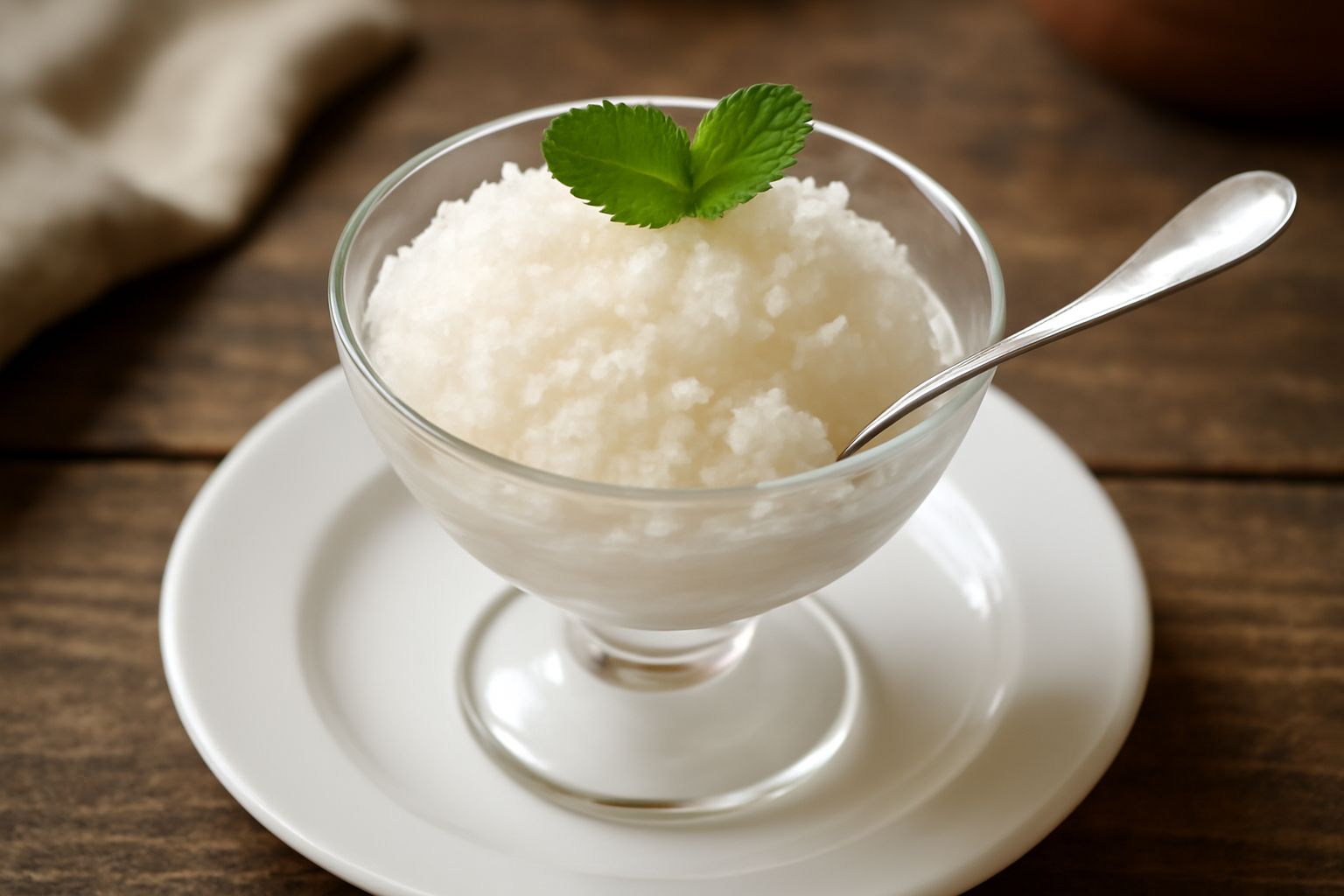 Granita alla menta in coppa di vetro trasparente, colore bianco avorio con cristalli compatti, foglia di menta fresca sulla superficie, cucchiaio dentro, sfondo bianco.