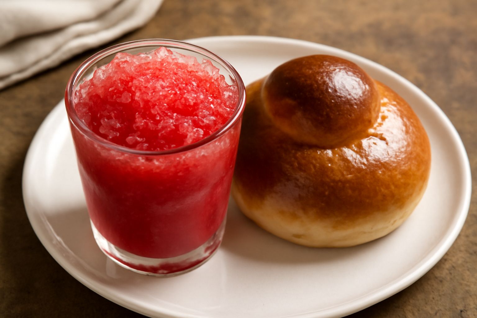 Bicchiere pieno di granita rosa pallido con cristalli visibili di ghiaccio grossolani, servito con cucchiaio di plastica bianca, sfondo bianco, luce naturale laterale che evidenzia la texture granulos