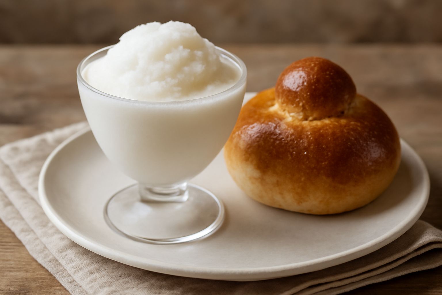 Una ciotola di granita bianca cremosa con cristalli di ghiaccio visibili, servita in una coppa di vetro con un cucchiaio di acciaio, su sfondo bianco luminoso