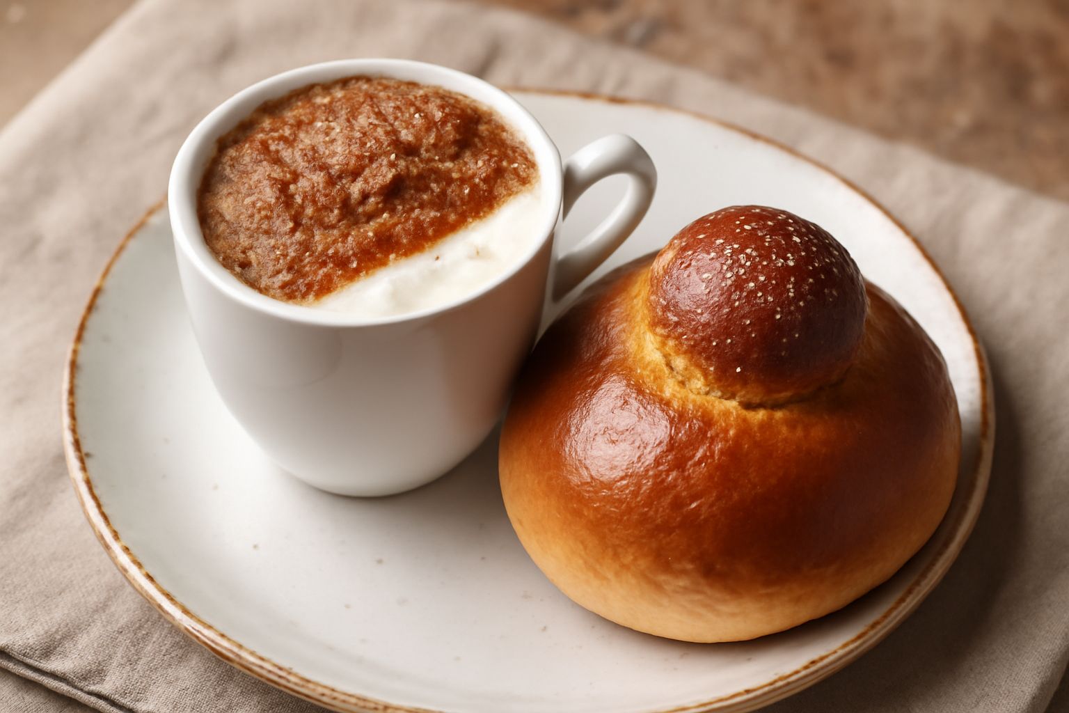 Una tazza di ceramica bianca con granita di caffè liscia e cremosa di color marrone chiaro, affiancata da una brioche bionda con la tipica forma a corna, spruzzata di zucchero semolato, servita su un 