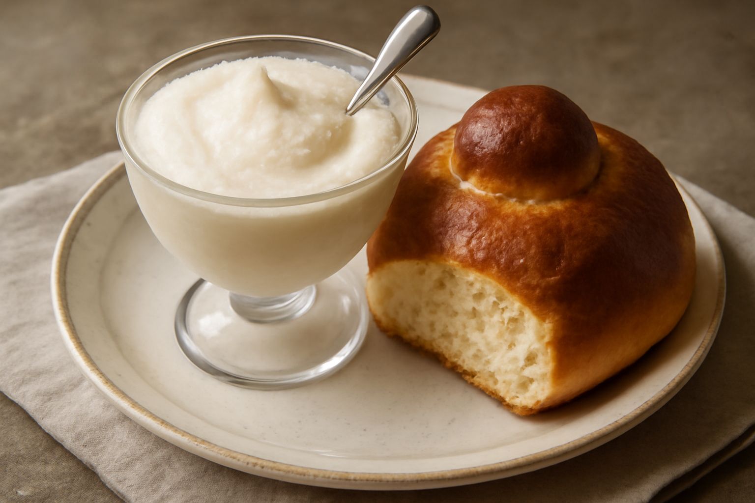 Coppetta di granita all'uovo color panna con superficie leggermente ghiacciata, accanto a una brioche bianca appena tagliata a metà, tutto su un piattino bianco con cucchiaino
