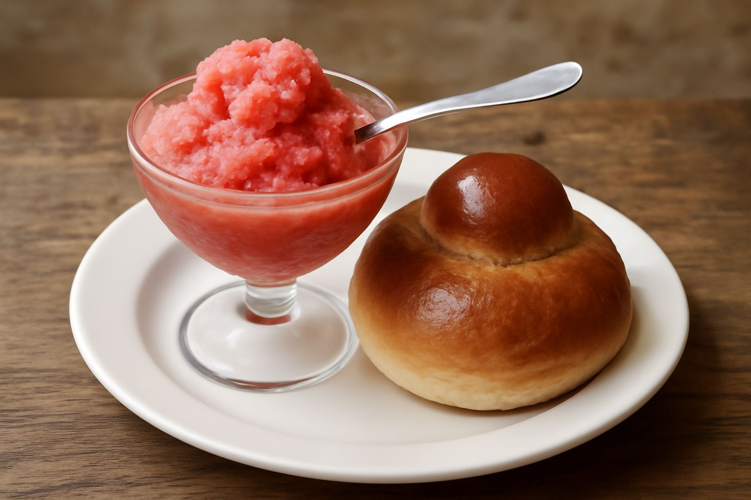 Granita di colore rosa acceso in coppa di vetro trasparente con brioscìa morbida a lato, ricoperti da una leggera patina di zucchero, serviti su tavolo bianco con cucchiaio