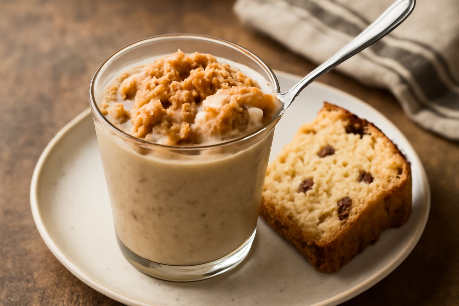 Bicchiere trasparente con granita cremosa beige e marrone con frammenti di panettone visibili, servita con cucchiaio da dessert su sfondo bianco, cristalli di ghiaccio e micrini di panettone sparsi at