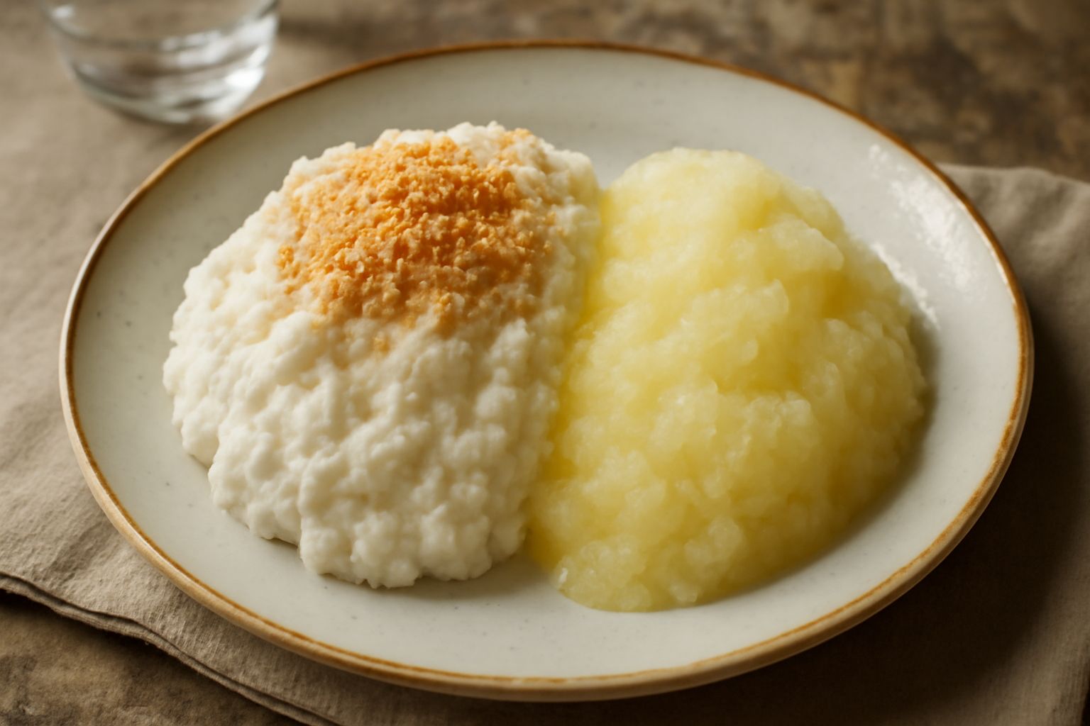 Granita con pani in ciotola di ceramica bianca: pasta di pane raffermo biancastra, granita di limone gialla chiara accanto, gocce di liquido zuccherato sulla superficie, colazione siciliana