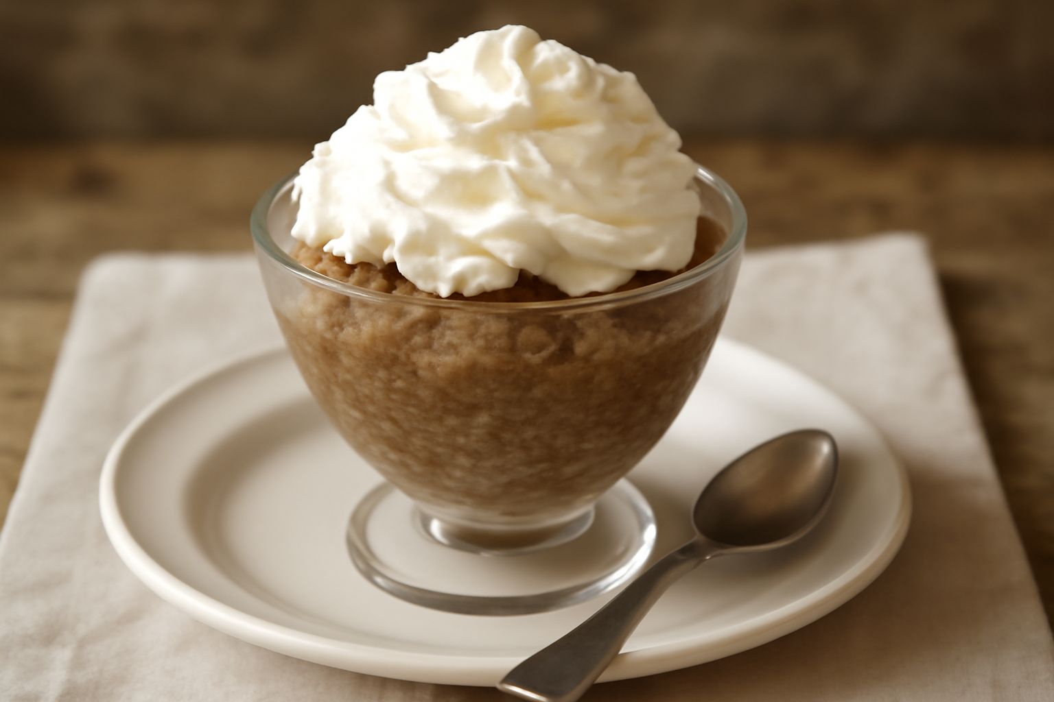 Granita bianca e marrone servita in coppetta di vetro trasparente con panna montata a dollop in cima, cucchiaio di metallo accanto, superficie di marmo grigio con luce naturale