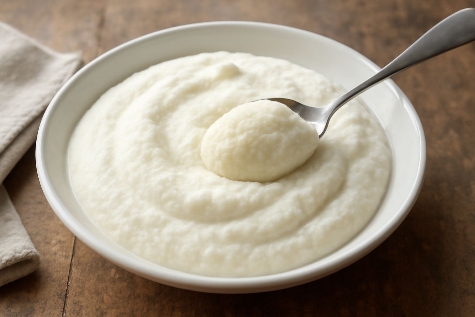 Una ciotola di granita cremosa bianca con la consistenza di gelato morbido, guarnita con una foglia di menta fresca, ripresa da sopra in luce naturale