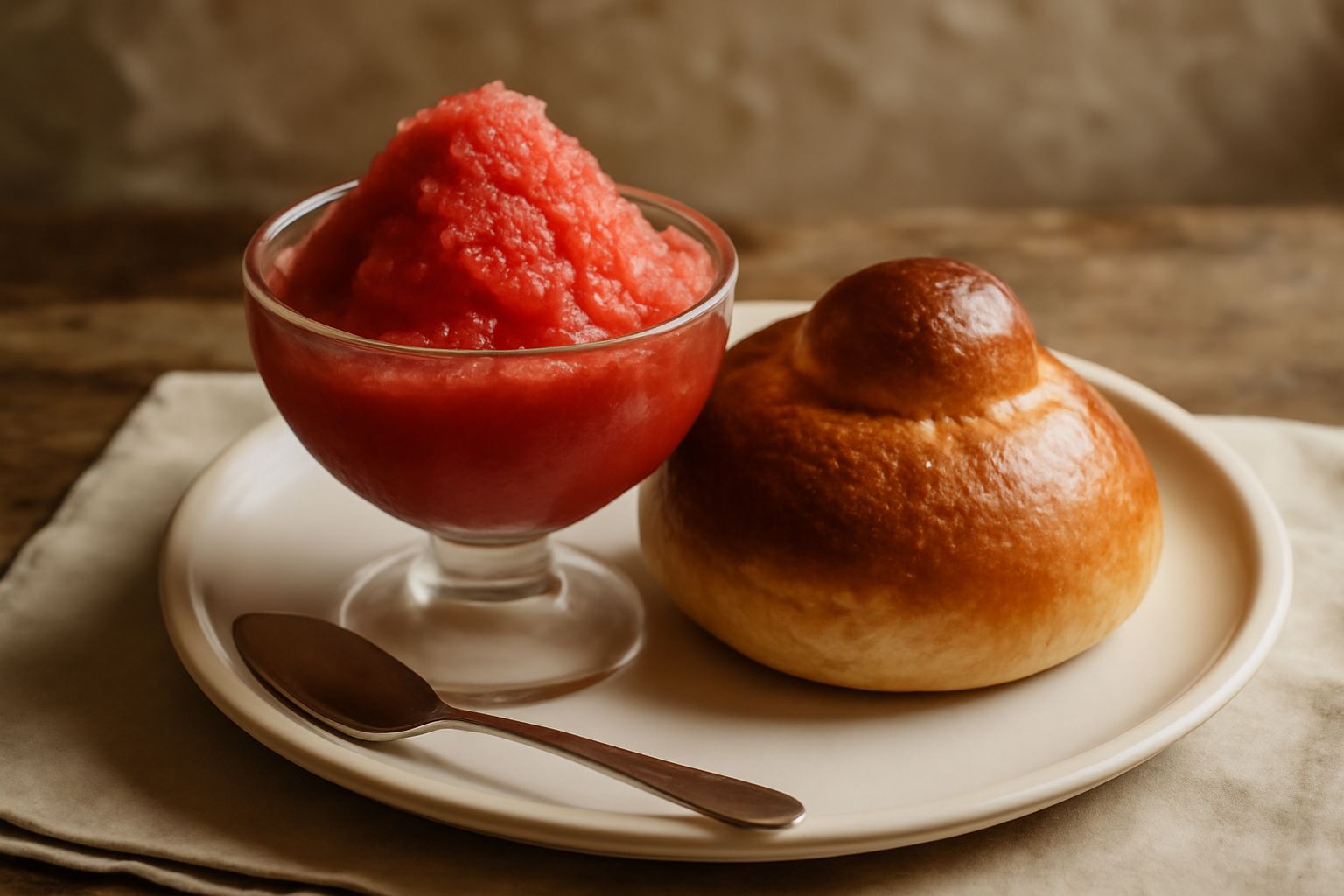 Una tazza bianca con granita di colore giallo limone cremosa, accanto una brioche dorata tonda e morbida su un piatto bianco, con un cucchiaio d'argento sulla tazza e sfondo di tegole rosse siciliane