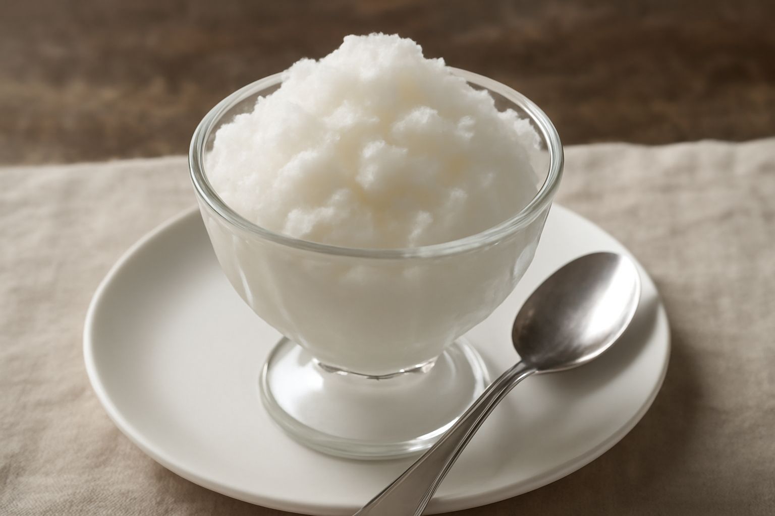 Granita d'acqua e zucchero in una coppa di vetro, cremosa e bianca, con cristalli di ghiaccio visibili e un cucchiaio di legno dentro, su un tavolo di marmo chiaro con luce naturale