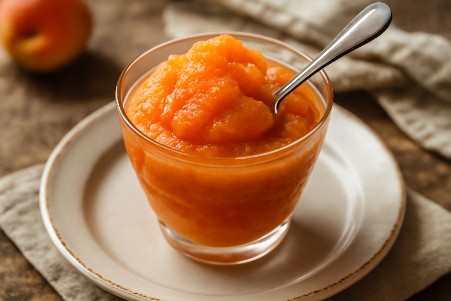 Coppetta di granita di albicocca cremosa e densa, color arancio dorato, con cristalli di ghiaccio visibili in superficie, cucchiaio di metallo, fondo di marmo grigio chiaro con luce naturale
