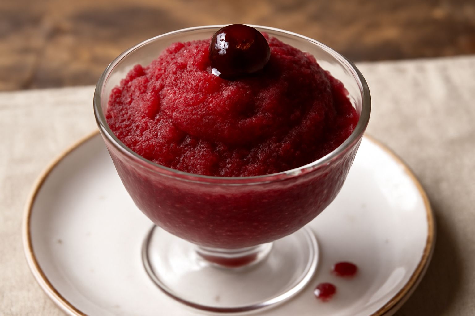 Una ciotola di granita di amarena color cremisi scuro, con cristalli di ghiaccio visibili e cremosi, servita in una coppa trasparente, guarnita con una ciliegia amarena fresca sulla sommità