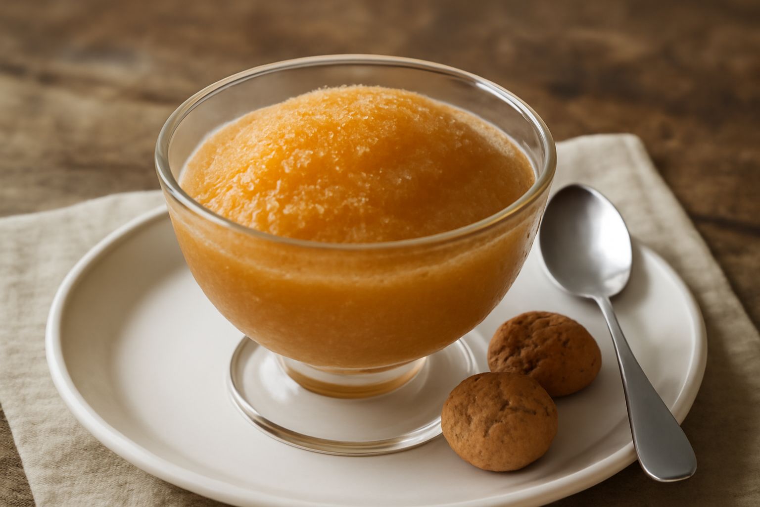 Granita di amaretto servita in ciotola di vetro trasparente, colore ambrato cremoso, con cristalli fini visibili, guarnita con una mandorla intera e un cucchiaio di metallo accanto