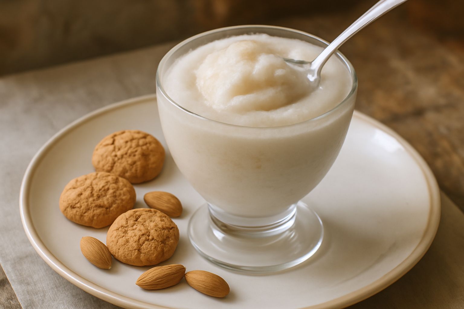 Granita cremosa bianca e beige in coppa di vetro, con cristallini di ghiaccio visibili, guarnita con mandorla tostata spezzettata e biscotto amaretto sbriciolato sul bordo, cucchiaio di metallo, sfond