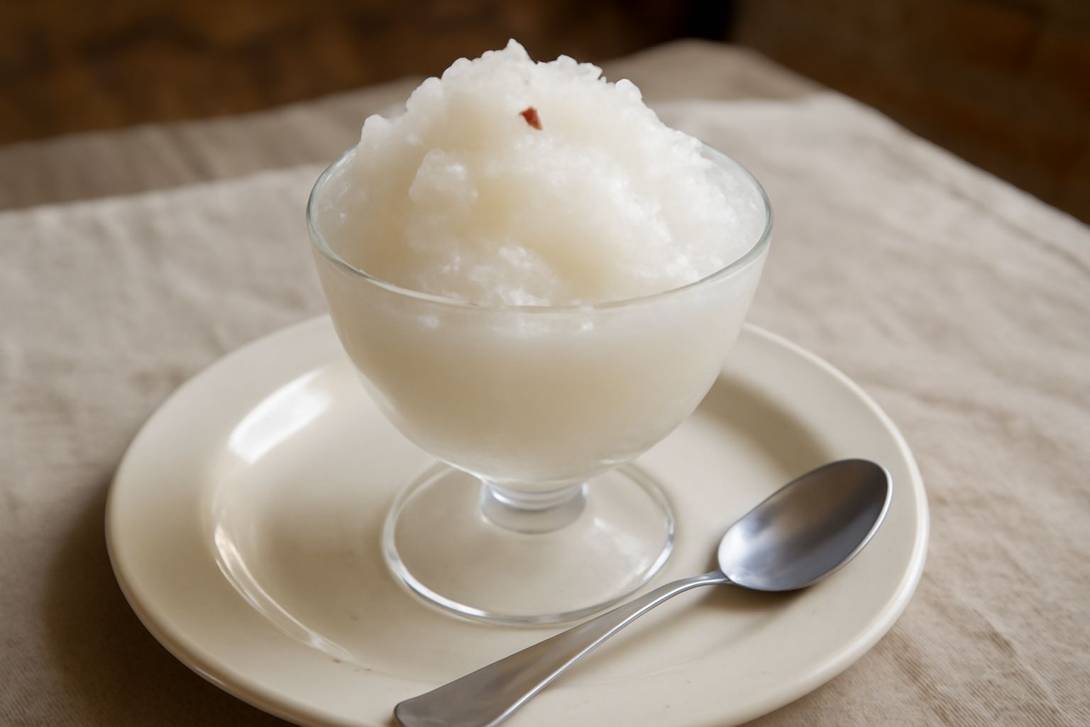 Una coppa di granita di anice color bianco latte con riflessi trasparenti, servita in una coppetta di vetro fredda, con un cucchiaio lungo accanto e qualche seme di anice visibile sulla superficie