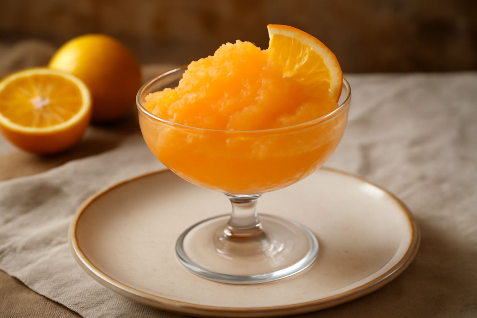 Granita di arancia di colore arancione acceso servita in una coppa di vetro trasparente, con cristalli di ghiaccio visibili e brillanti, guarnita con una fettina di arancia fresca, su un tavolo bianco