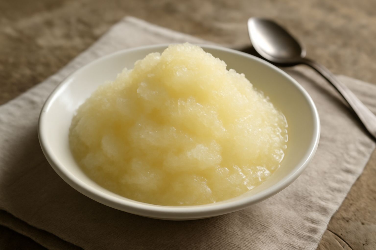 Granita di bergamotto in coppa trasparente con colore giallo paglierino brillante, cristalli di ghiaccio visibili in superficie, servita con cucchiaino in metallo e una fetta di bergamotto fresco sull