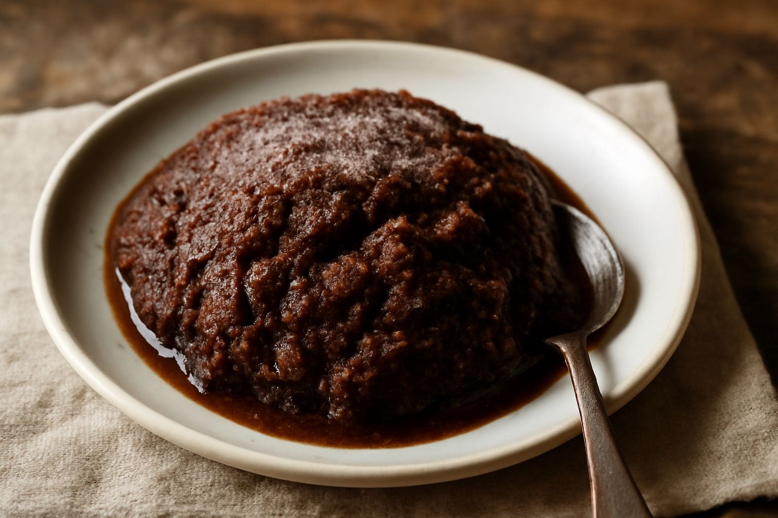 Una ciotola di granita di cacao marrone scuro con superficie cristallizzata, servita con un cucchiaio in acciaio, su fondo bianco