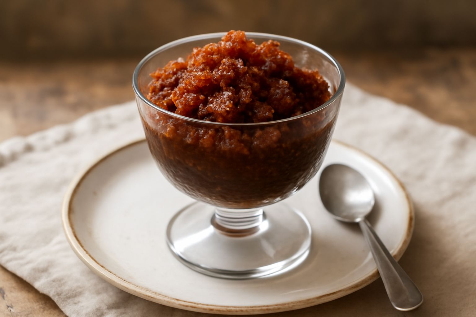 Coppa di vetro trasparente con granita di caffè al rhum di colore marrone scuro, superficie ruvida e granulosa, guarnita con chicchi di caffè tostato e una sottile spruzzata di cacao in polvere, servi