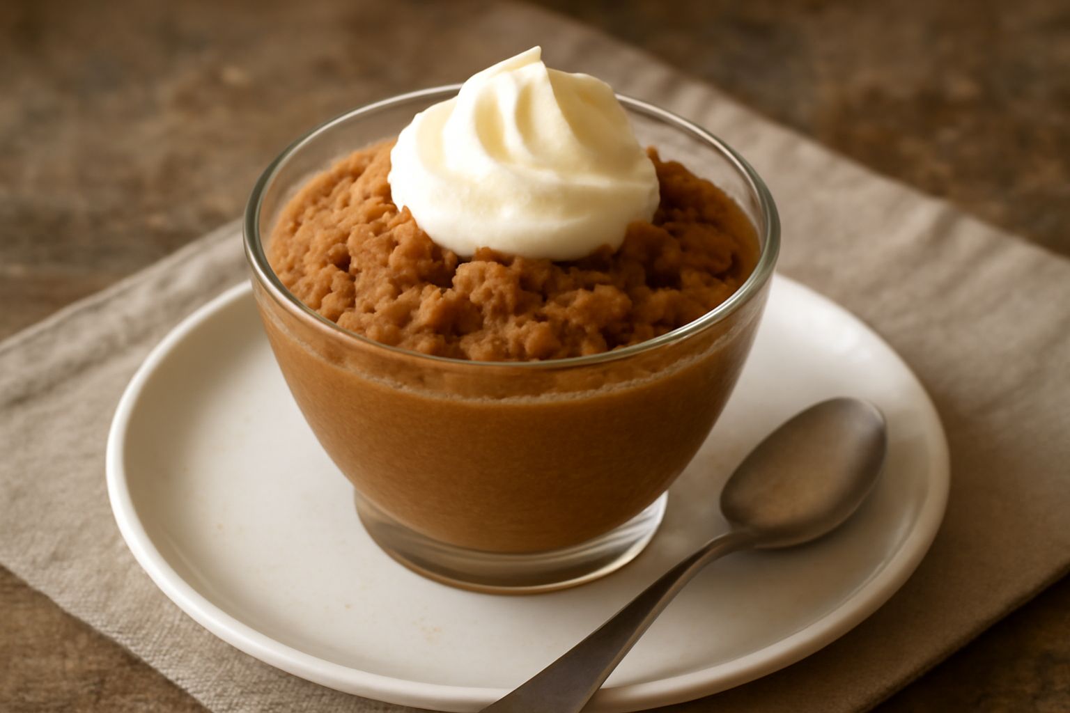 Coppetta di vetro con granita di caffè cremosa color marrone chiaro, superficie leggermente granulosa, servita con cucchiaino di acciaio inossidabile su tavolo bianco