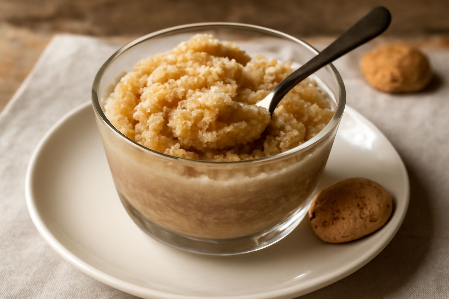 Granita di caffè all'amaretto in coppa di vetro trasparente, di color beige chiaro con cristalli di ghiaccio visibili in superficie, guarnita con biscotto amaretto spezzato e polvere di cacao, servita