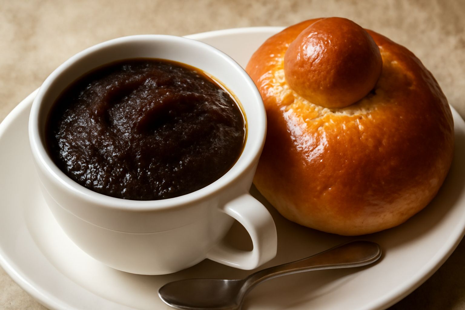 Tazza di granita di caffè color marrone scuro e cremoso con cristalli di ghiaccio visibili, accanto a brioche dorata e soffice con zucchero semolato, su tavolo bianco con tazza bianca