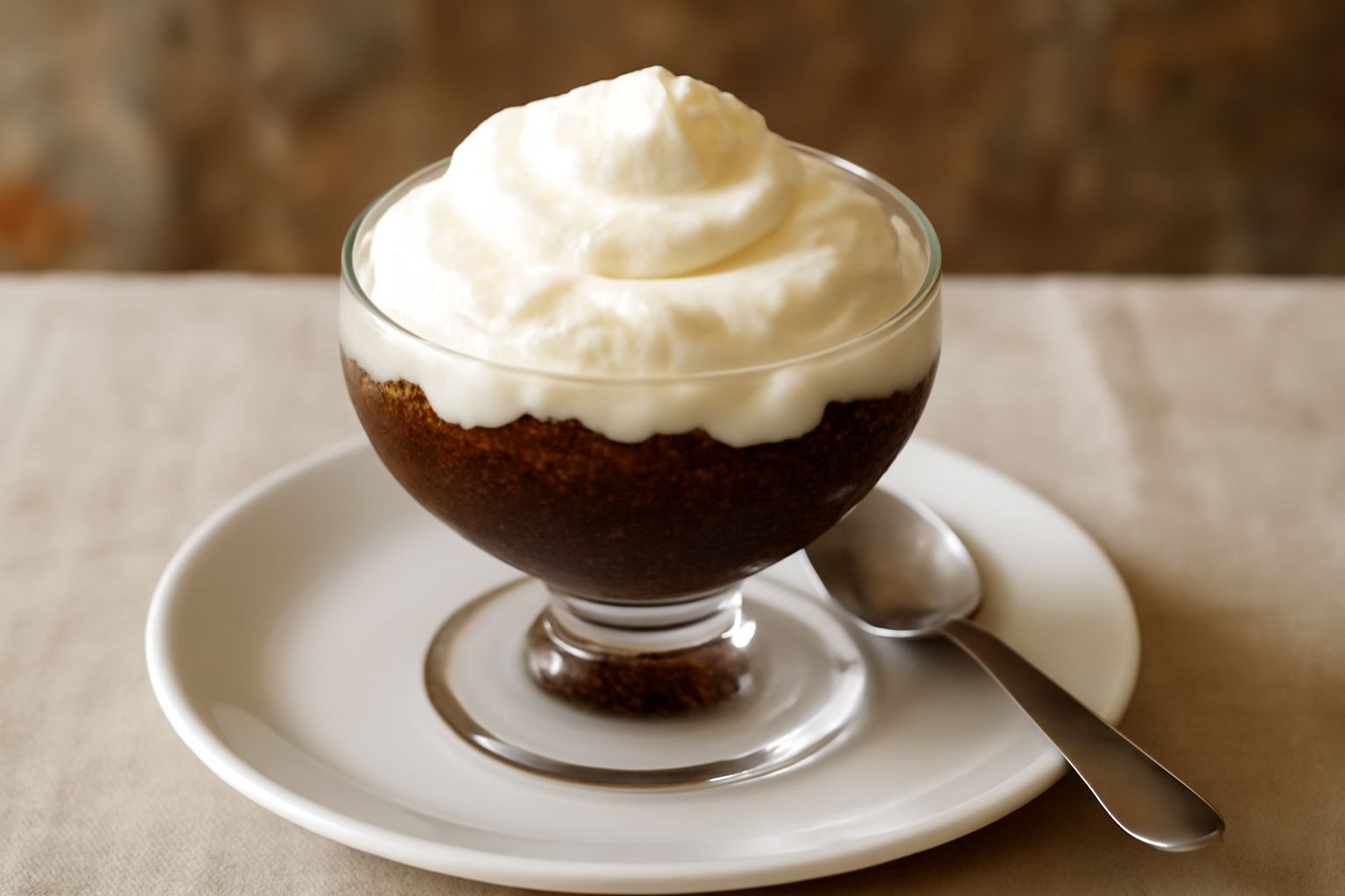 Granita di caffè marrone scuro in una coppa di vetro trasparente, coperta da uno strato generoso di panna montata bianca leggermente spumosa, servita su un piatto bianco con cucchiaio. Granuli di ghia