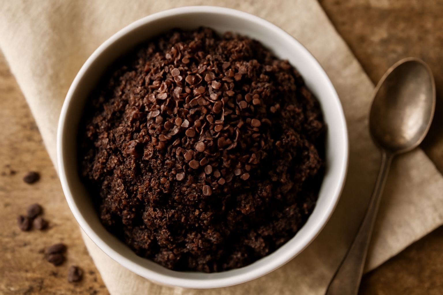 Una ciotola di granita di caffè e cioccolato con cristalli scuri e densi, guarnita con scaglie di cioccolato fondente e un cucchiaio immerso al centro, su sfondo bianco