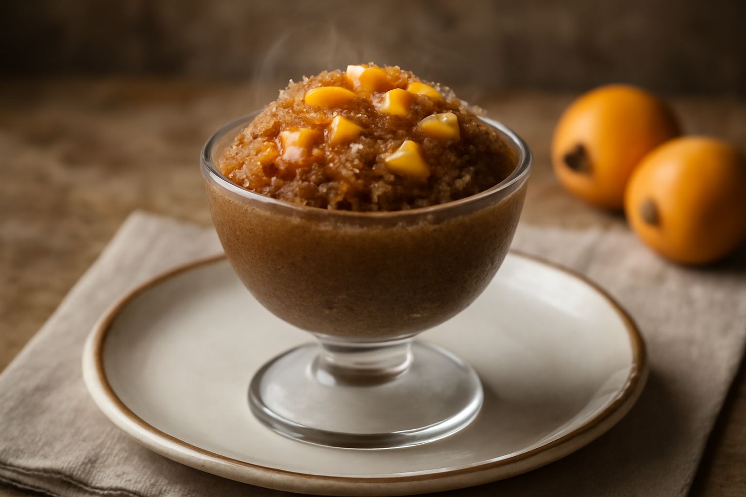 Granita densa e cremosa colore marrone chiaro in coppa di vetro, con pezzetti di nespola gialla, cucchiaio di metallo, piatto bianco e caffè espresso accanto su fondo legno naturale